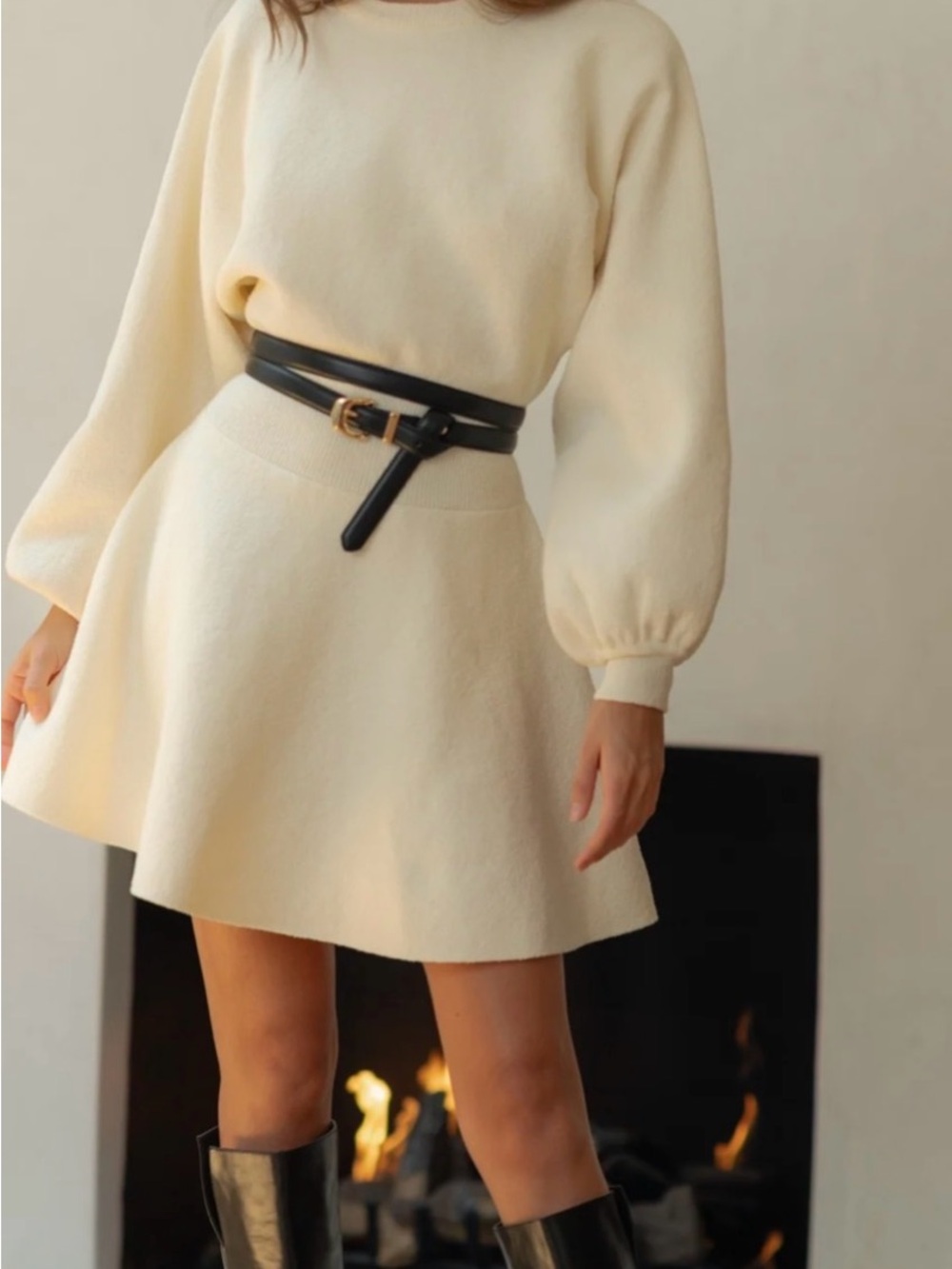 Cream A-Line Knit Dress